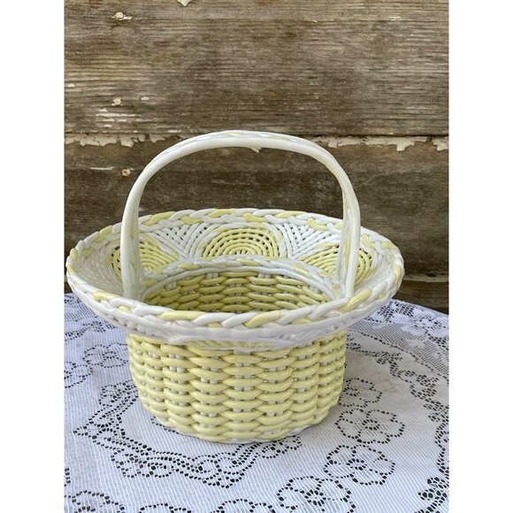 Vintage 1950s Porcelain Openwork Wicker Style Basket Yellow White - Picture 1 of 14